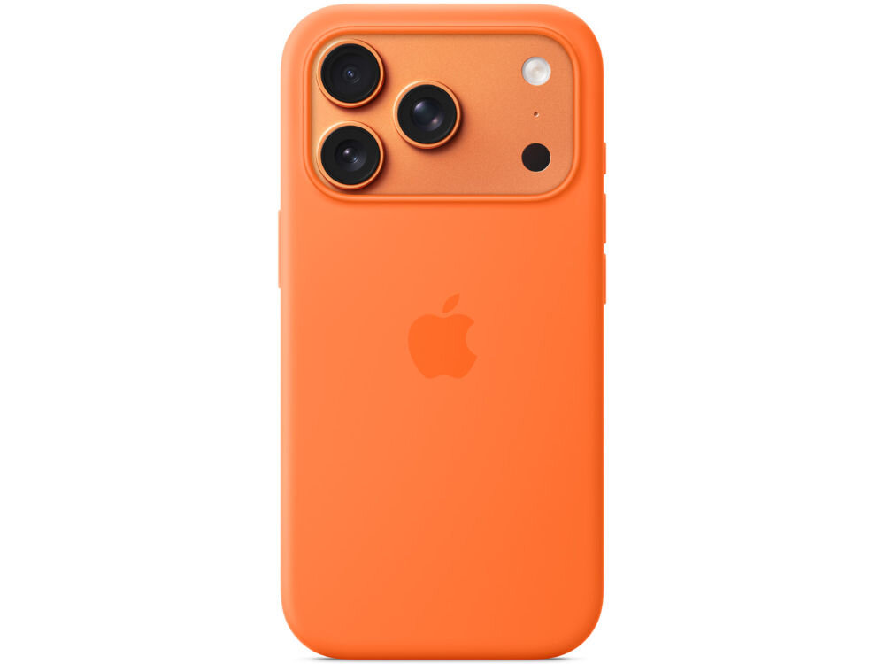 Pomarańczowe etui na telefon z trzema widocznymi obiektywami aparatu i logo w kształcie jabłka. Etui ma gładką powierzchnię i otwory na aparat oraz inne elementy telefonu.