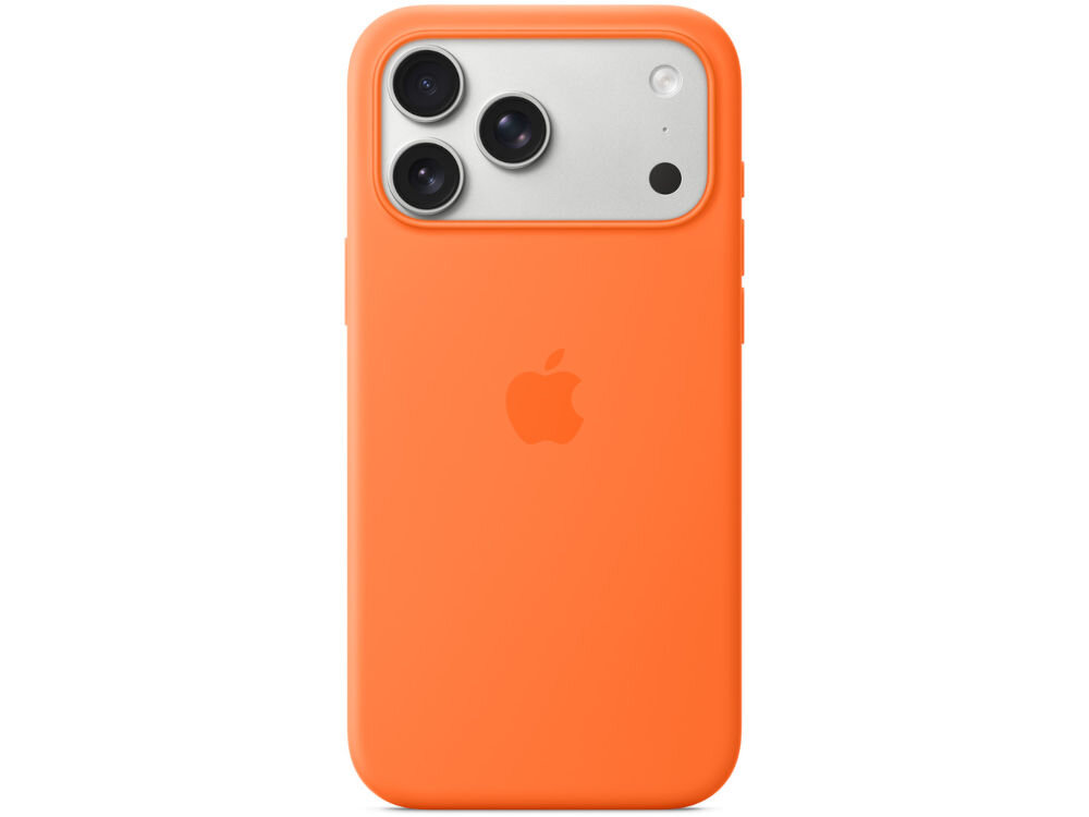 Pomarańczowe etui silikonowe z logo jabłka, przeznaczone do telefonu z trzema obiektywami aparatu i dodatkowymi sensorami.