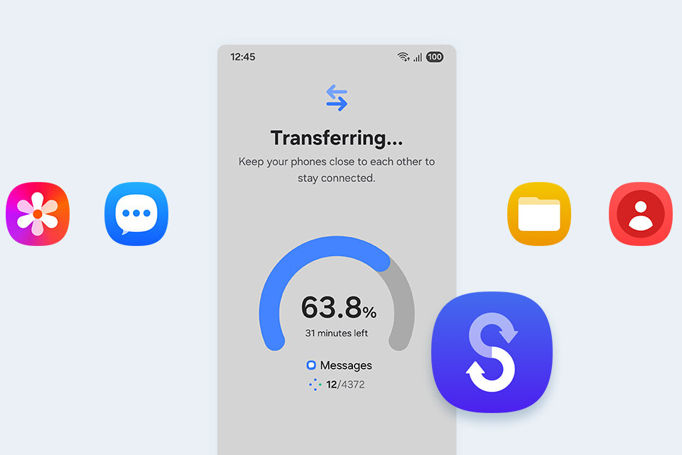 łatwe przenoszenie danych Ekran smartfona pokazuje proces transferu danych z informacją \'Transferring... Keep your phones close to each other to stay connected.\' oraz postęp 63.8% i 31 minut do końca. Wokół ekranu widoczne są ikony aplikacji, takie jak kwiat, dymek wiadomości, folder i kontakt.