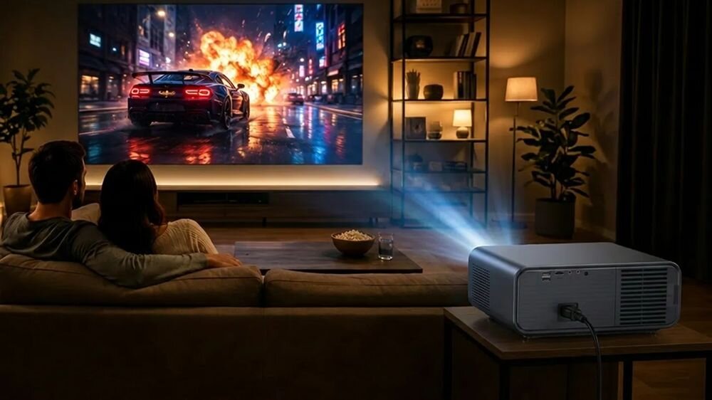 W salonie na kanapie siedzą dwie osoby oglądające film akcji wyświetlany na dużym ekranie. Obok nich znajduje się projektor emitujący jasne światło na ekran.