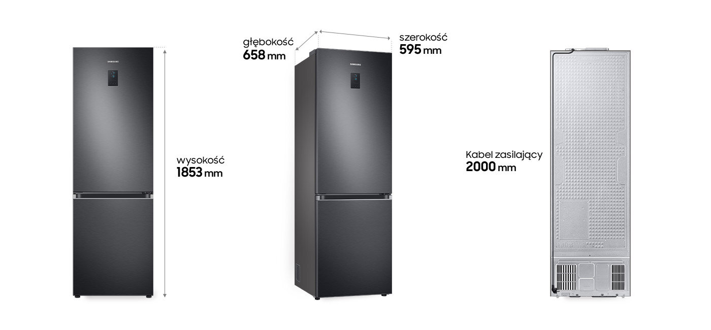 Pokazana z trzech stron lodówka Samsung RB34C775CB1 oraz jej wymiary Obraz przedstawia lodówkę w kolorze grafitowym z oznaczeniami wymiarów: wysokość 1853 mm, głębokość 658 mm, szerokość 595 mm oraz długość kabla zasilającego 2000 mm. Na lodówce widoczne jest logo Samsung.