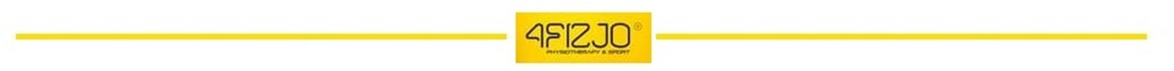 Żółty pasek z logo \'4FIZJO\' na środku.