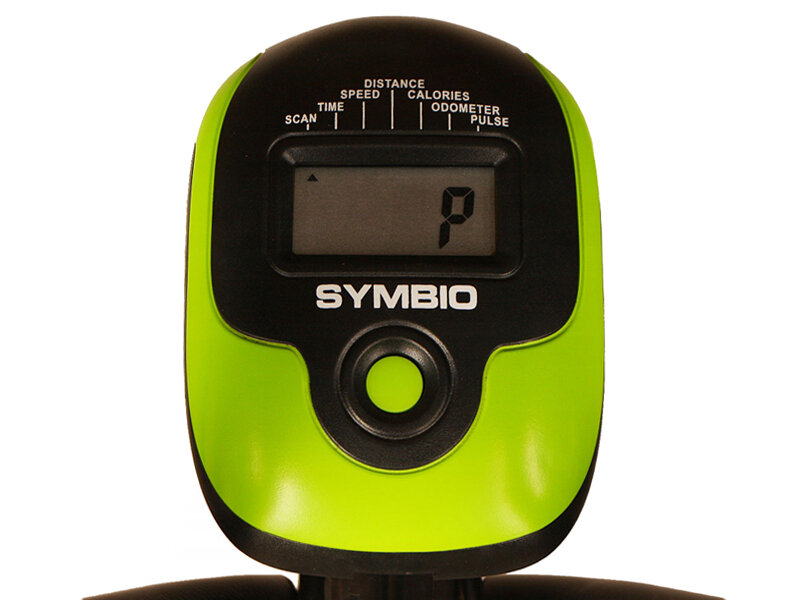Panel sterowania orbitreka z wyświetlaczem pokazującym literę \'P\'. Widoczne są napisy: \'DISTANCE\', \'SPEED\', \'CALORIES\', \'ODOMETER\', \'PULSE\', \'SCAN\', \'TIME\' oraz \'SYMBIO\'.