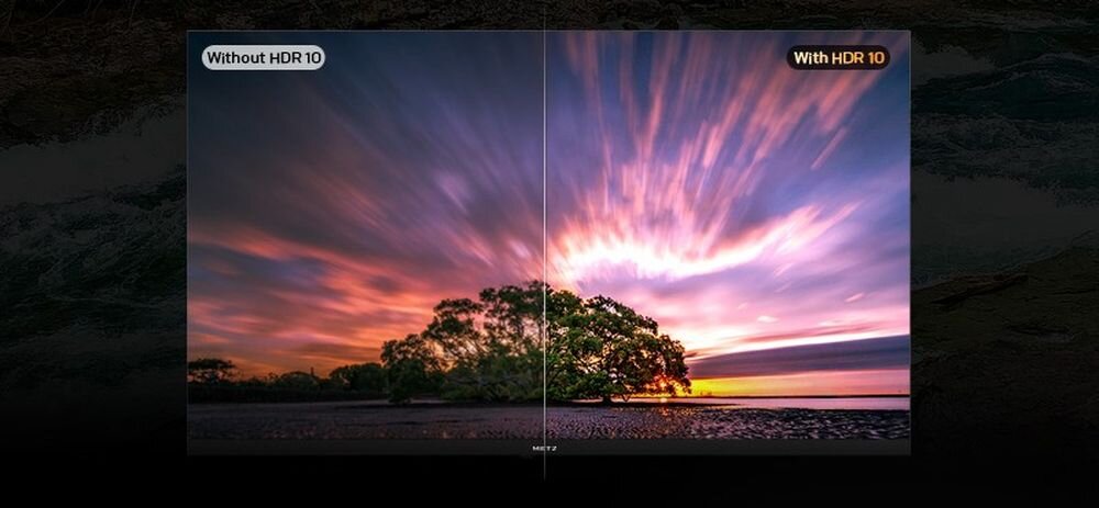 Obraz przedstawia porównanie jakości obrazu z HDR10 i bez HDR10, z widokiem na kolorowy zachód słońca nad wodą. Logo METZ znajduje się na dole obrazu.