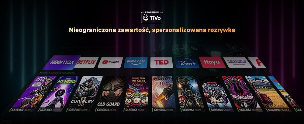 Obraz przedstawia siatkę miniatur okładek filmów i seriali, w tym \'The Green Knight\', \'The Boys\', \'Westworld\', oraz \'Ted Lasso\'. Każda okładka zawiera tytuł i grafikę związaną z danym tytułem.
