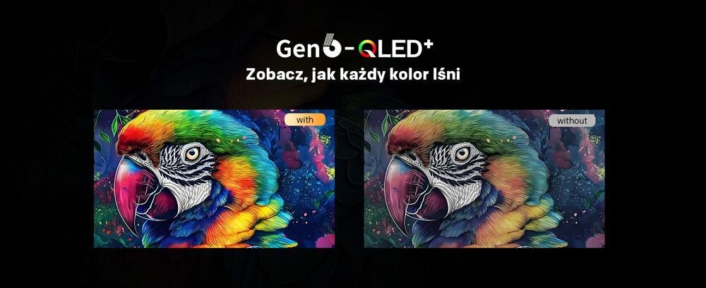 Obraz przedstawia dwa porównawcze zdjęcia kolorowej papugi, z podpisami \'with\' i \'without\'. Nad nimi znajduje się tekst: \'Gen6 QLED+ Zobacz, jak każdy kolor lśni\'.
