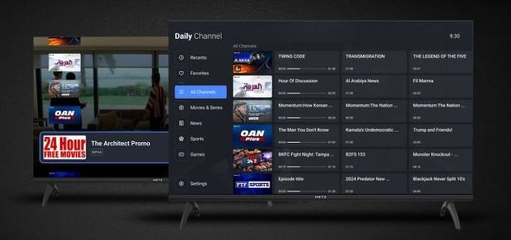 Dwa telewizory wyświetlają interfejs Google TV z listą kanałów i programów. Na ekranie widoczny jest tekst: \'24 Hour Free Movies\' oraz \'Daily Channel\'.