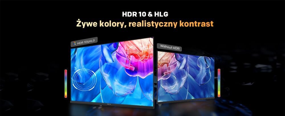 Obraz przedstawia dwa ekrany telewizorów z kolorowymi grafikami, z napisami \'HDR 10 & HLG\' oraz \'Żywe kolory, realistyczny kontrast\'. Jeden ekran oznaczony jest jako \'HDR 10 & HLG\', a drugi jako \'Without HDR\'.