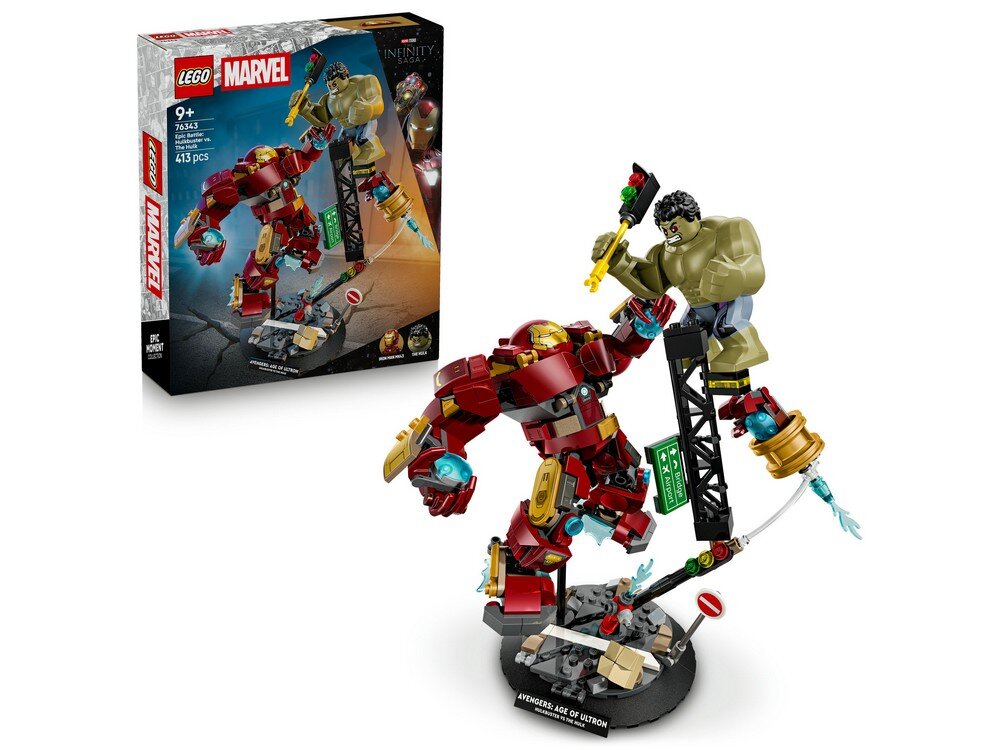 Zestaw LEGO przedstawiający scenę walki między figurkami Hulkbustera i Hulka na tle pudełka z logo LEGO i MARVEL. Na pudełku widnieje napis \'9+\', \'76343\', \'413 pcs\'.
