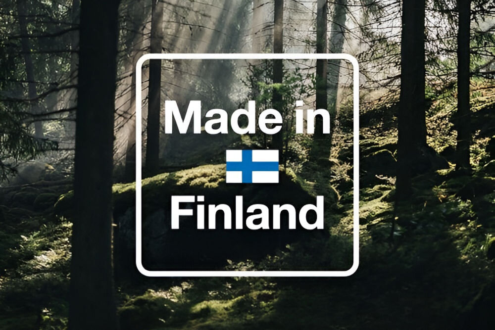 Obraz przedstawia las z promieniami słońca przenikającymi przez drzewa. Na pierwszym planie widoczny jest napis \'Made in Finland\' z flagą Finlandii.