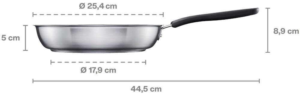 Na obrazie widoczna jest patelnia z uchwytem, z wymiarami: średnica 25,4 cm, wysokość 5 cm, długość całkowita 44,5 cm, średnica dna 17,9 cm, wysokość z uchwytem 8,9 cm.