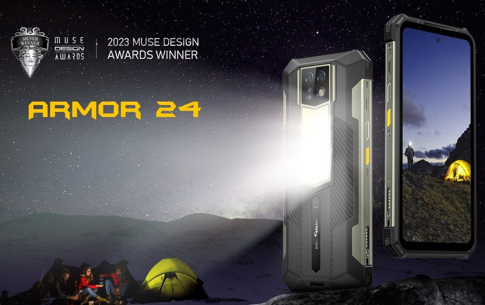 Obraz przedstawia smartfon ULEFONE Armor 24 z włączoną latarką, obok którego widoczny jest ekran z krajobrazem górskim i namiotem. Na obrazie znajduje się tekst: \'2023 MUSE DESIGN AWARDS WINNER\' oraz \'ARMOR 24\'.