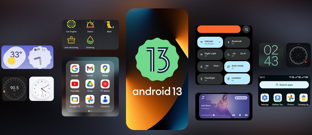 Obraz przedstawia interfejs użytkownika systemu Android 13 z różnymi widżetami, takimi jak zegar, pogoda, aplikacje Google oraz panel sterowania z opcjami jak Bluetooth i lokalizacja. Centralnie widoczny jest duży napis \'android 13\' na tle gradientu kolorów.