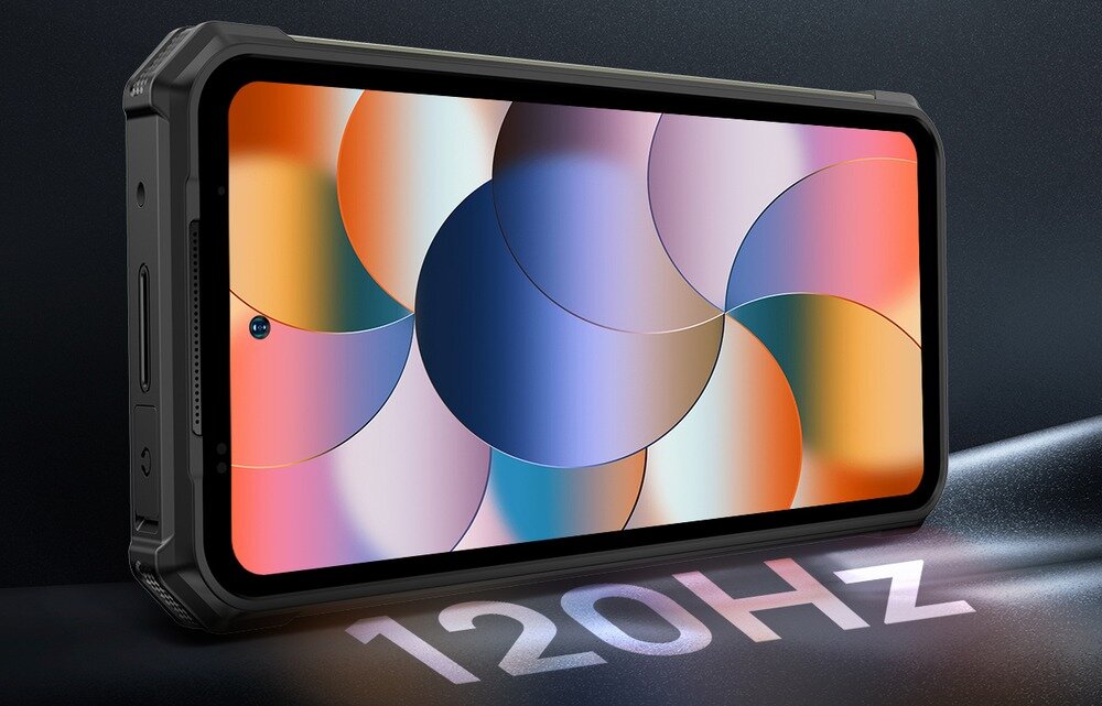 Smartfon z wyświetlaczem prezentującym kolorowy wzór geometryczny. Na powierzchni obok telefonu widoczny jest napis \'120Hz\'.