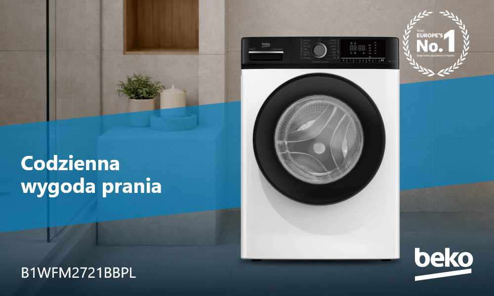 PRALKA BEKO SLIM B100 B1WFM2721BBPL Pralka Beko ładowana od frontu zaprezentowana jest na tle aranżacji łazienki z hasłem „Codzienna wygoda prania” oraz oznaczeniem modelu B1WFM2721BBPL. W prawym górnym rogu widoczny jest znak „from Europe’s No.1”
