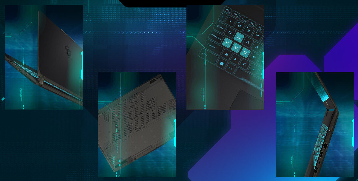 Obraz przedstawia laptop z kilkoma ujęciami, w tym klawiaturą i obudową z napisem \'TRUE GAMING\'. Tło jest w odcieniach niebieskiego i fioletowego z cyfrowymi wzorami.