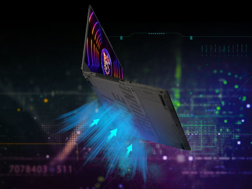 Obraz przedstawia otwarty laptop z widocznym ekranem i klawiaturą, z którego spodu wydobywają się niebieskie strzałki symbolizujące przepływ powietrza. Tło jest ciemne z kolorowymi, abstrakcyjnymi wzorami.