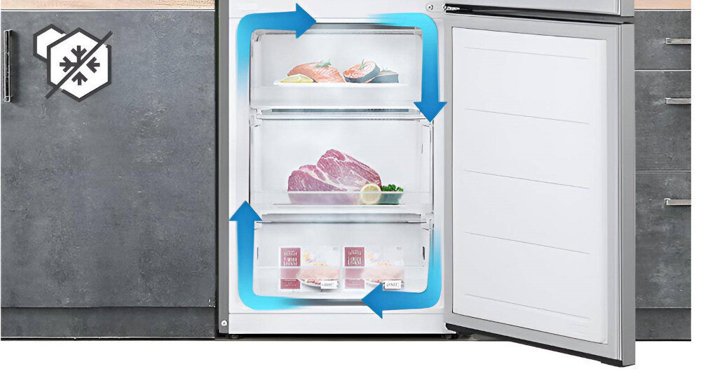 Otwarta lodówka z trzema półkami, na których znajdują się różne produkty spożywcze, takie jak mięso i warzywa. Widać niebieskie strzałki wskazujące na cyrkulację powietrza oraz symbol płatka śniegu na drzwiach.