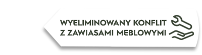 Grafika przedstawia biały prostokąt z tekstem: \'WYELIMINOWANY KONFLIKT Z ZAWIASAMI MEBLOWYMI\'. Obok tekstu znajdują się ikony klucza i dłoni.