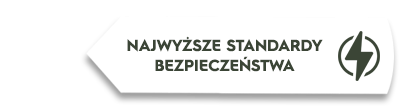 Grafika przedstawia biały napis \'NAJWYŻSZE STANDARDY BEZPIECZEŃSTWA\' obok symbolu błyskawicy w okręgu, na tle w kształcie strzałki.