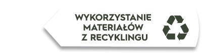 Biały znak w kształcie strzałki z tekstem \'WYKORZYSTANIE MATERIAŁÓW Z RECYKLINGU\' oraz symbolem recyklingu.