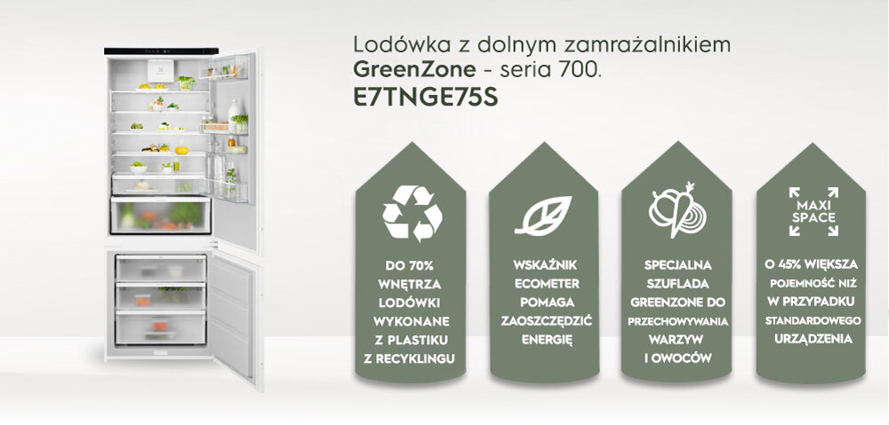 Obraz przedstawia otwartą lodówkę z dolnym zamrażalnikiem, wypełnioną różnymi produktami spożywczymi. Obok lodówki znajdują się cztery ikony z tekstem: \'DO 70% WNĘTRZA LODÓWKI WYKONANE Z PLASTIKU Z RECYKLINGU\', \'WSKAŹNIK ECOMETER POMAGA ZAOSZCZĘDZIĆ ENERGIĘ\', \'SPECJALNA SZUFLADA GREENZONE DO PRZECHOWYWANIA WARZYW I OWOCÓW\', \'O 45% WIĘKSZA POJEMNOŚĆ NIŻ W PRZYPADKU STANDARDOWEGO URZĄDZENIA\'.