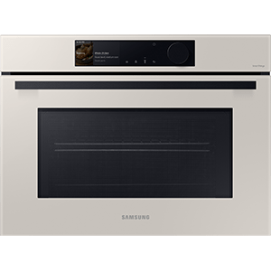 Piekarnik elektryczny w kolorze satynowego beżu z dużym, czarnym panelem sterowania i wyświetlaczem. Na froncie widoczne jest logo \'SAMSUNG\'.