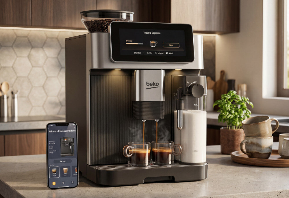 Ekspres do kawy z logo \'beko\' przygotowuje podwójne espresso, a obok stoi smartfon z aplikacją do obsługi urządzenia. W tle widoczne są filiżanki, dzbanek i roślina doniczkowa.