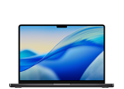 Laptop z wyświetlaczem pokazującym abstrakcyjną grafikę w odcieniach niebieskiego. Obudowa jest w ciemnym kolorze, a na ekranie widoczny jest wcięcie na kamerę.