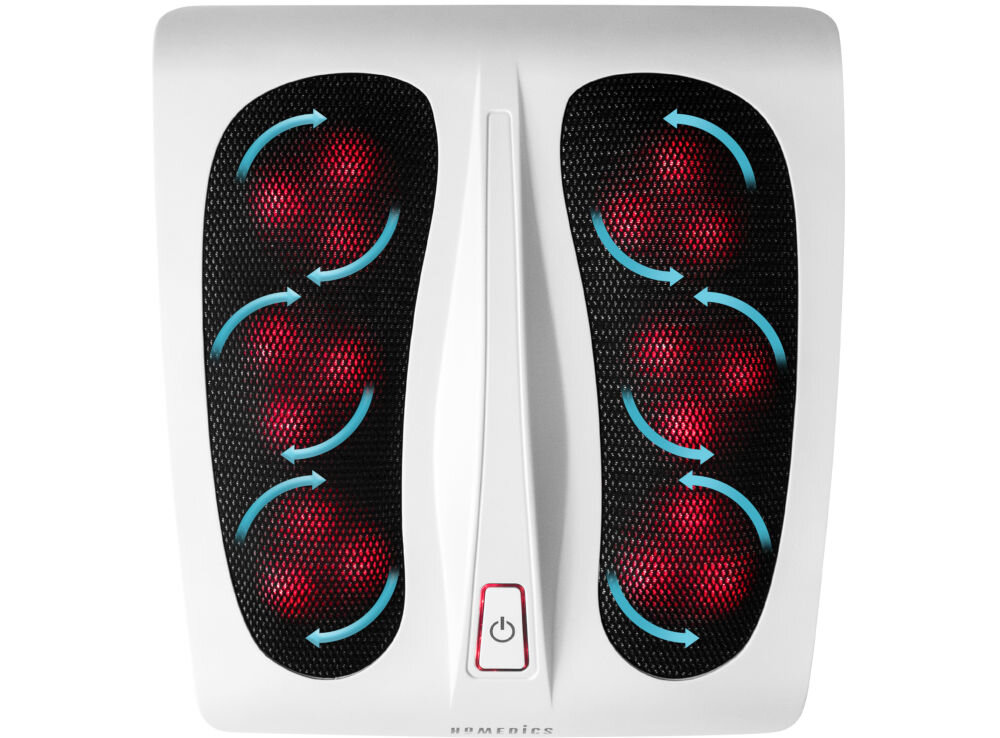 Masażer do stóp z białą obudową i czarnymi panelami z czerwonymi punktami oraz niebieskimi strzałkami wskazującymi kierunek masażu. Na dole widoczne jest logo \'HOMEDICS\' oraz przycisk zasilania z symbolem włączania.