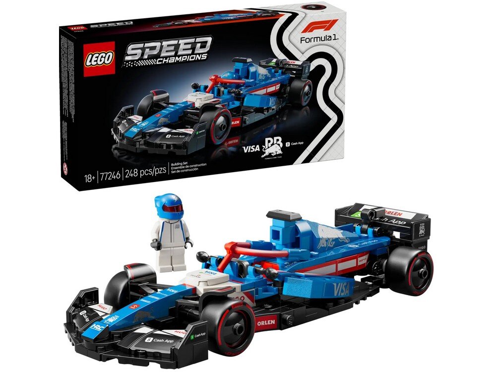 Zestaw LEGO Speed Champions przedstawia niebiesko-czarny bolid F1 z czerwonymi i białymi akcentami oraz figurkę kierowcy w białym kombinezonie. Na pudełku widnieje logo LEGO i napis \'Speed Champions\'.
