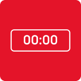 Czerwony kwadrat z białym symbolem zegara cyfrowego wyświetlającym \'00:00\'.