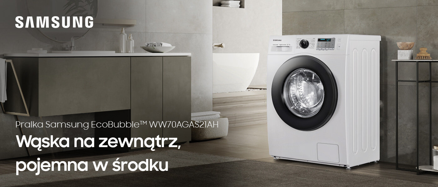 Pralka Slim EcoBubble Samsung WW70AGAS21AH Obraz przedstawia białą pralkę Samsung z serii EcoBubble w nowoczesnym wnętrzu. Widoczny tekst: \'Pralka Samsung EcoBubble™ WW70AGAS21AH Wąska na zewnątrz, pojemna w środku\'.