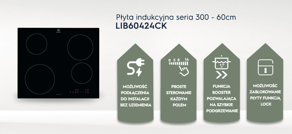 Obraz przedstawia płytę indukcyjną z czterema polami grzewczymi oraz tekst: \'Płyta indukcyjna seria 300 - 60cm LIB60424CK\'. Obok znajdują się ikony z opisami funkcji: \'MOŻLIWOŚĆ PODŁĄCZENIA DO INSTALACJI BEZ UZIEMIENIA\', \'PROSTE STEROWANIE KAŻDYM POLEM\', \'FUNKCJA BOOSTER POZWALAJĄCA NA SZYBKIE PODGRZEWANIE\', \'MOŻLIWOŚĆ ZABLOKOWANIE PŁYTY FUNKCJA LOCK\'.