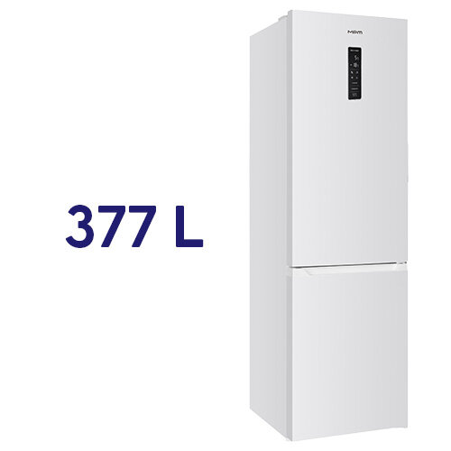 Biała lodówka z wyświetlaczem na drzwiach, obok napis \'377 L\'.