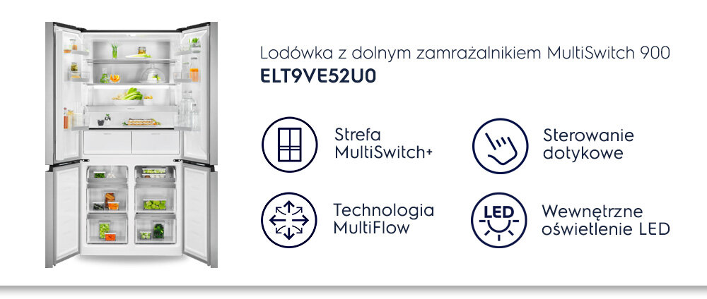 Obraz przedstawia otwartą lodówkę z dolnym zamrażalnikiem, wypełnioną różnymi produktami spożywczymi. Obok lodówki znajdują się ikony z napisami: \'Strefa MultiSwitch+\', \'Sterowanie dotykowe\', \'Technologia MultiFlow\', \'Wewnętrzne oświetlenie LED\'.