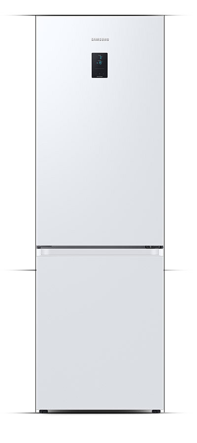 Grafika: Poznaj zalety lodówki Samsung Grand+ Biała lodówka z dwoma drzwiami, na górze widoczne logo \'SAMSUNG\' oraz mały wyświetlacz cyfrowy.