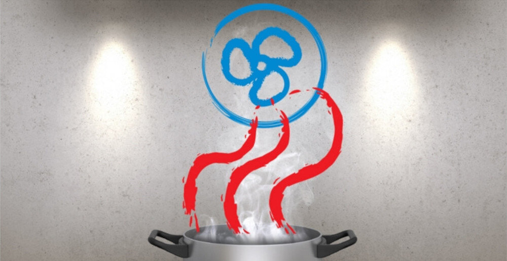 Na obrazie widoczny jest garnek z unoszącą się parą, nad którym znajduje się niebieski symbol wentylatora. Para jest przedstawiona jako czerwone linie unoszące się w kierunku symbolu.