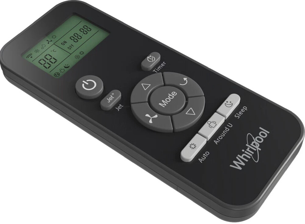 Czarny pilot zdalnego sterowania z wyświetlaczem LCD i przyciskami oznaczonymi jako: Mode, Timer, Jet, Auto, Around U, Sleep. Na pilocie widoczne jest logo Whirlpool.