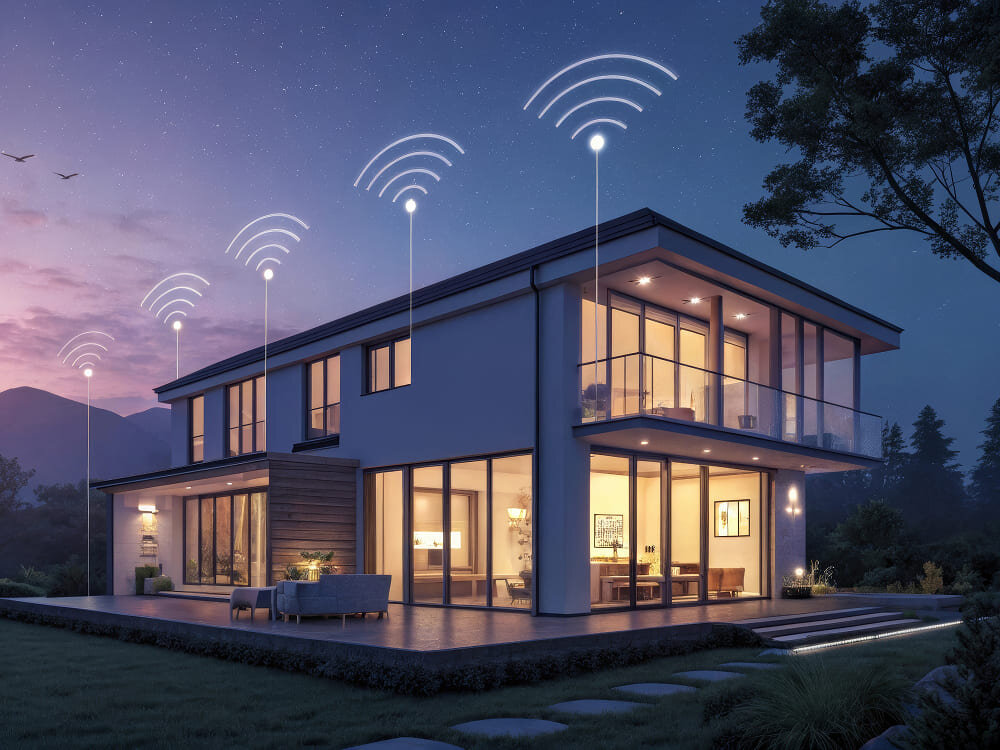 Nowoczesny, dwupiętrowy dom z dużymi oknami, oświetlony w nocy. Nad domem widoczne są symbole sygnału Wi-Fi, sugerujące zasięg sieci bezprzewodowej.