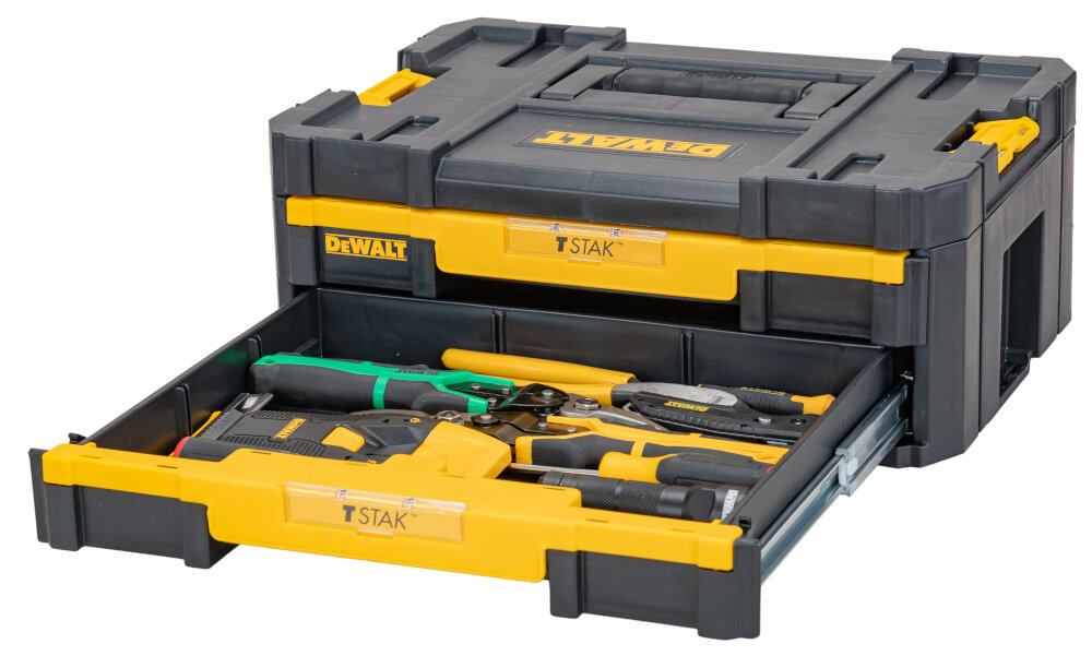 Skrzynka narzędziowa DEWALT DWST1-70706 otwarta skrzynka na białym tle widoczna od przodu jedna szuflada wysunięta praktyczny gadżet pomaga uporządkować narzędzia akcesoria i drobne elementy montażowe efektywność codziennej pracy