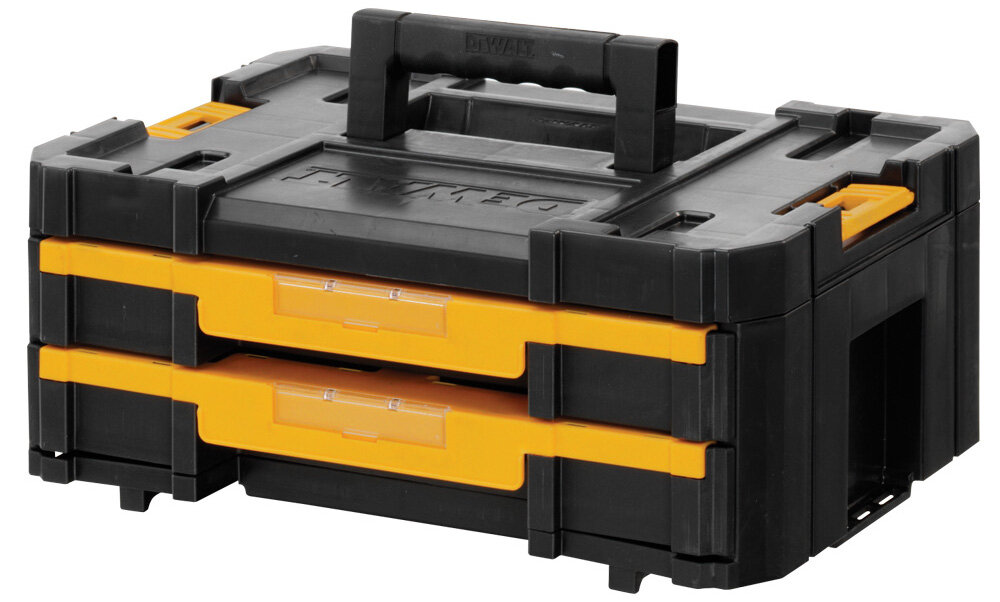 Skrzynka narzędziowa DEWALT DWST1-70706 zamknięta skrzynka na białym tle widoczna od przodu pod skosem grubość ścianek modułu wynosi 2,8–3,0 mm duża odporność na uszkodzenia mechaniczne ochrona wnętrza przed wstrząsami i przypadkowymi uderzeniami