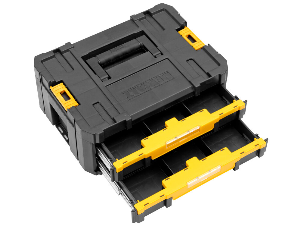 Skrzynka narzędziowa DEWALT DWST1-70706 otwarta skrzynka na białym tle wymiary 440 x 176 x 310 mm przechowywanie w ograniczonej przestrzeni udźwig do 7,5 kg swobodne przenoszenie narzędzi