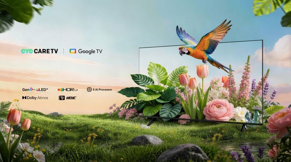 Telewizor METZ 50MQH7500Z seria MQH7500 technologia QLED+, telewizor stojący na trawie