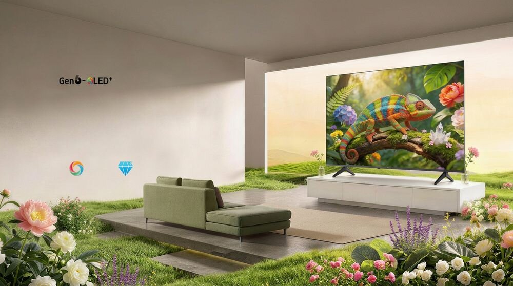 Telewizor METZ 50MQH7500Z Gen6-QLED+ żywe kolory odporność na blaknięcie, telewizor stojący na komodzie w pomieszczeniu
