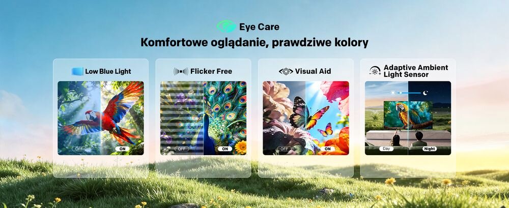 Telewizor METZ 50MQH7500Z Eye Care brak migotania regulacja kolorów zaburzenia widzenia, cztery kafelki technologii