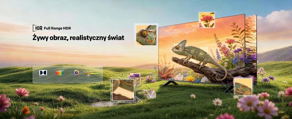 Telewizor METZ 50MQH7500Z Full Range HDR Dolby Vision HDR10+ HDR10 HLG, telewizor stojący na trawie