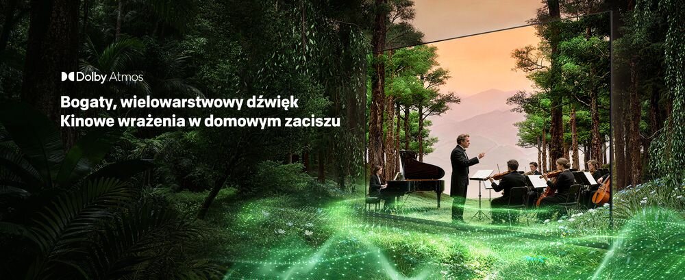 Telewizor METZ 50MQH7500Z Dolby Atmos przestrzenny dźwięk filmy seriale, orkiestra grająca w lesie