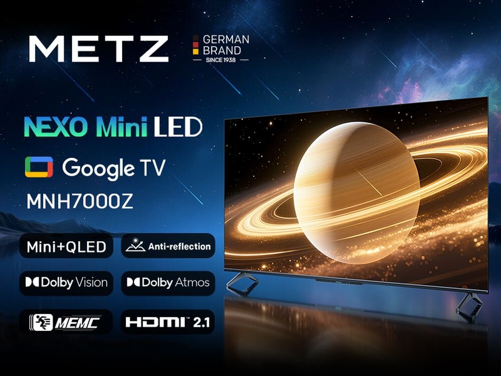 Obraz przedstawia telewizor z widokiem planety z pierścieniami na ekranie. Widoczne są napisy: METZ, NEXO Mini LED, Google TV, MNH7000Z, Mini+QLED, Anti-reflection, Dolby Vision, Dolby Atmos, MEMC, HDMI 2.1.