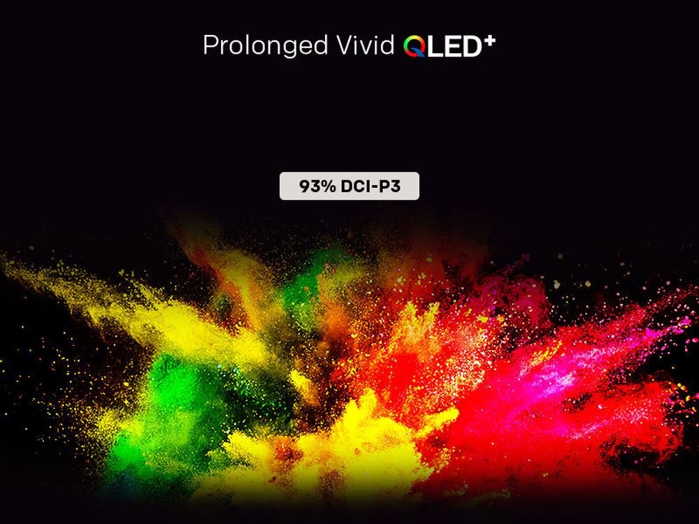Na czarnym tle widoczny jest napis \'Prolonged Vivid QLED+\' oraz kolorowy wybuch farb w odcieniach żółci, zieleni, czerwieni i różu. Powyżej wybuchu znajduje się tekst \'93% DCI-P3\'.